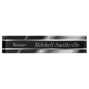 Black and Silver Metallic Diagonal Stripes Nameplate