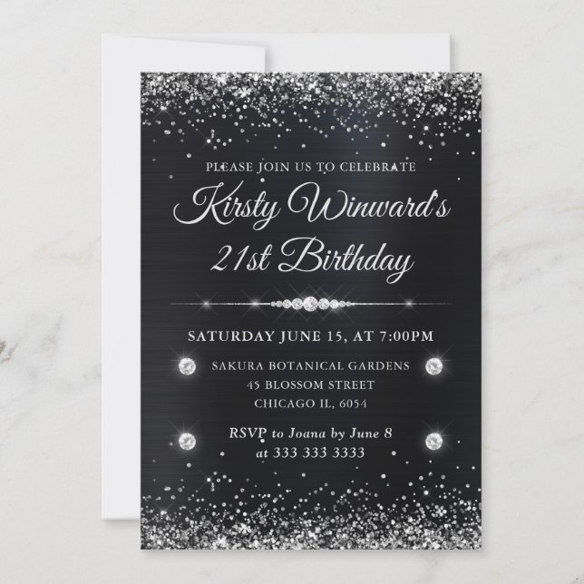 Black and Silver Metallic Glitter 21st Birthday Invitation (Front)
