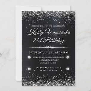 Black and Silver Metallic Glitter 21st Birthday Invitation