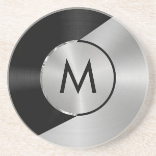 Black and silver metallic look geometric design coaster