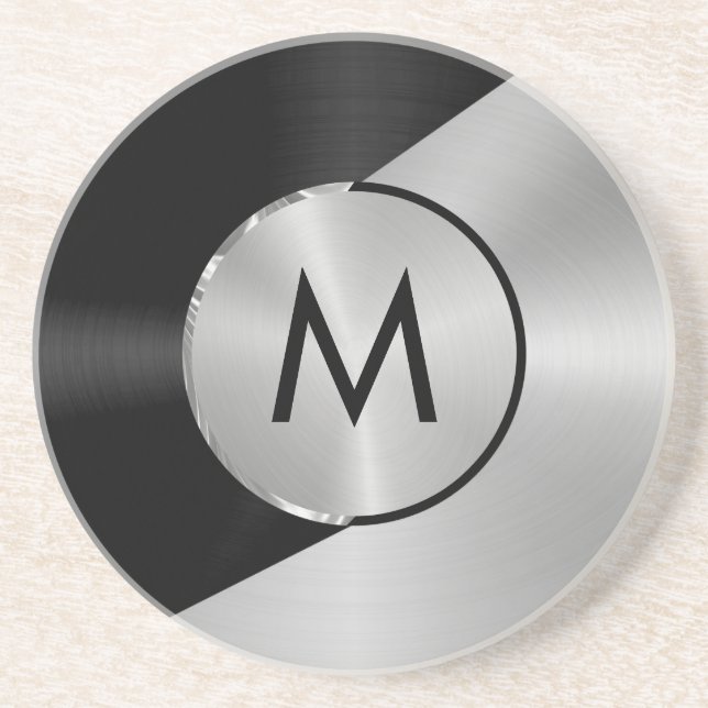 Black and silver metallic look geometric design coaster (Front)