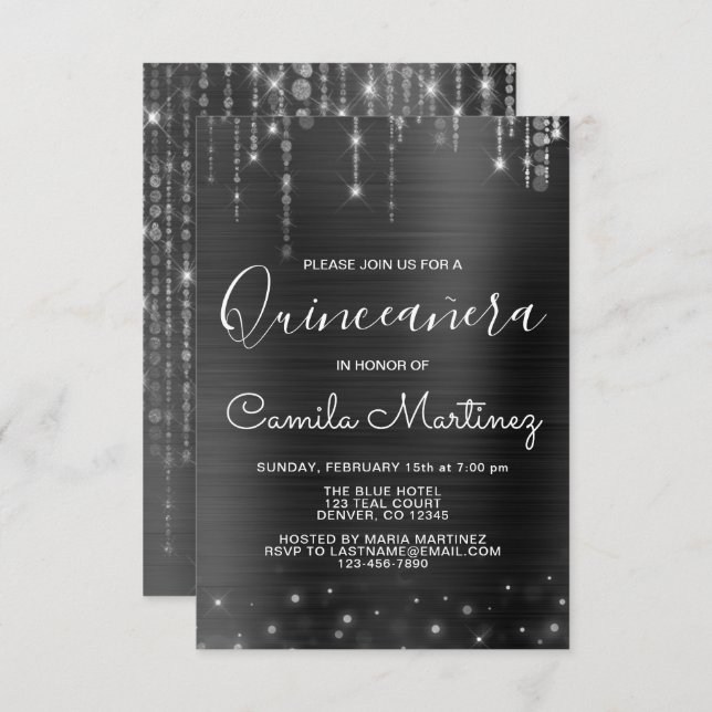 Black and Silver Modern Quinceanera Party Invitation (Front/Back)