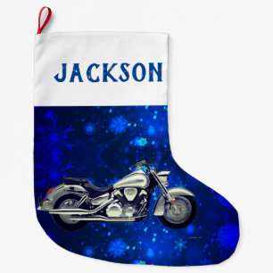 Black and Silver Motorcycle and Snow Large Christmas Stocking