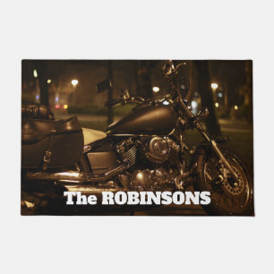 Black and Silver Motorcycle at Night Doormat