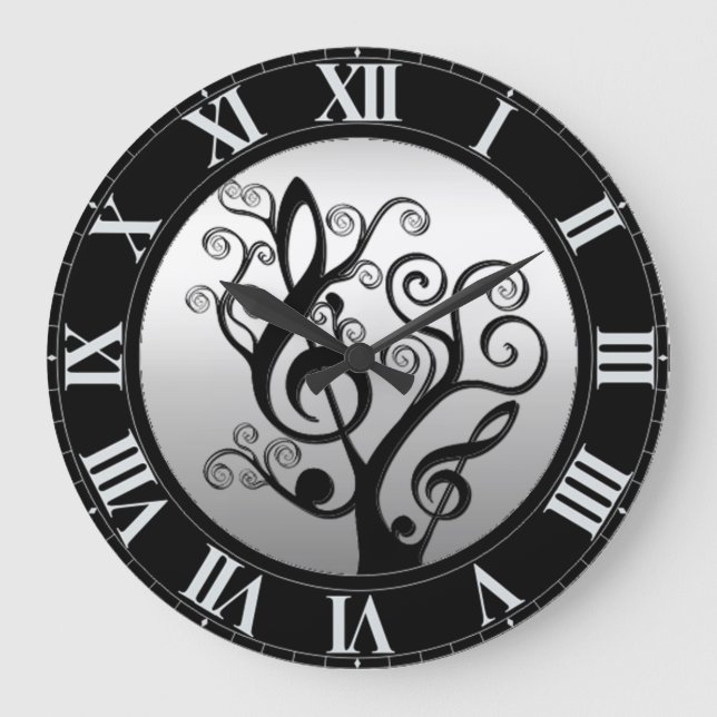 Black and Silver Music Treble Clef Tree Wall Clock (Front)