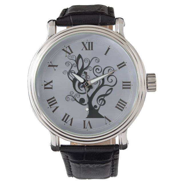 Black and Silver Music Treble Clef Tree Watch (Front)