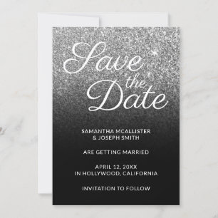 Black and Silver Ombre Glitter Save the Date Invitation