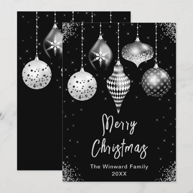 Black and Silver Ornaments Merry Christmas Holiday Card (Front/Back)