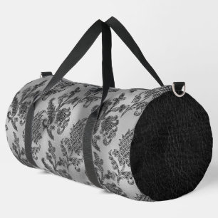 BLACK AND SILVER ORNATE FLORAL PATTERNS DUFFLE BAG