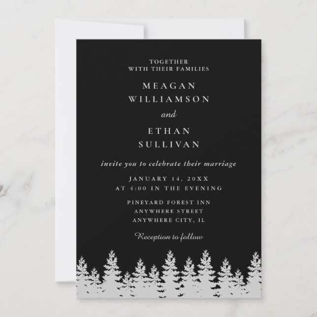 Black and Silver Pine Trees Winter Wedding  Invitation (Front)