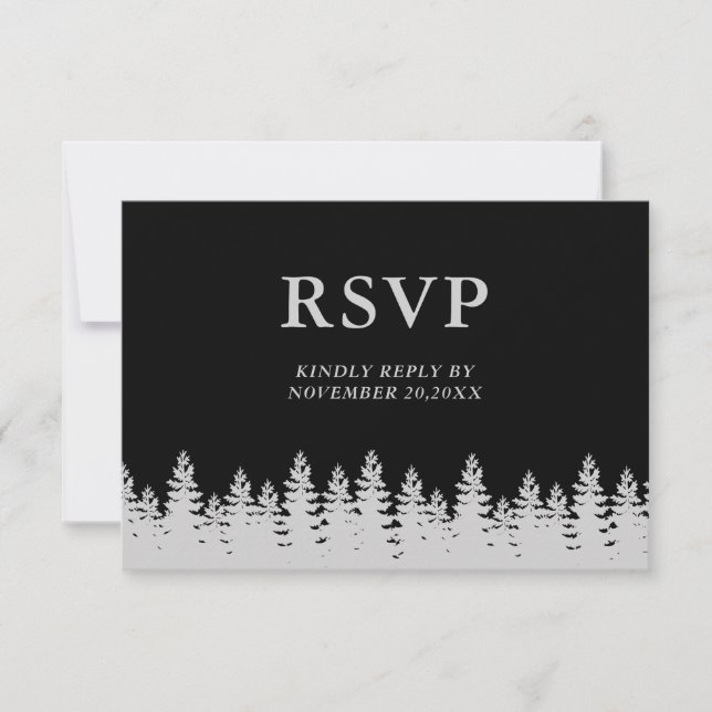 Black and Silver Pine Trees Winter Wedding  RSVP Card (Front)