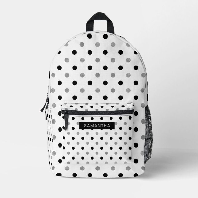 Black and Silver Polka Dots in a White Background Printed Backpack (Front)