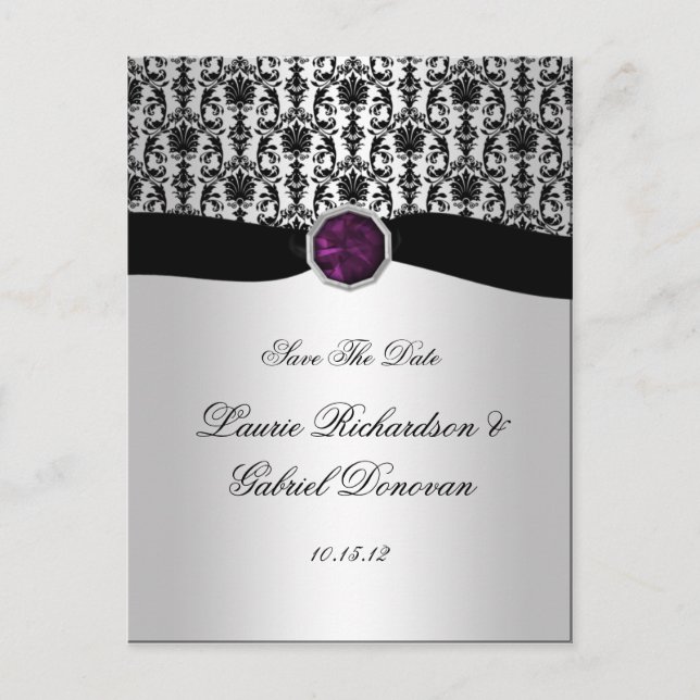 Black and Silver Purple Jewel Save The Date Announcement Postcard (Front)
