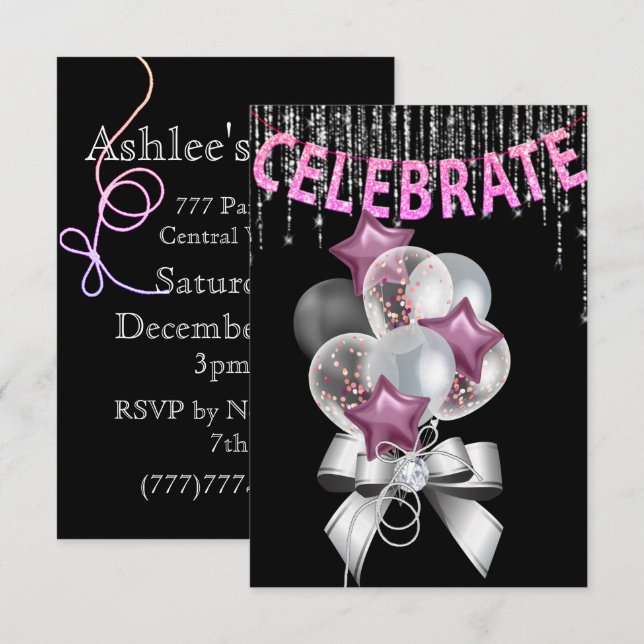 Black and Silver purple with Balloons girl Party Invitation (Front/Back)