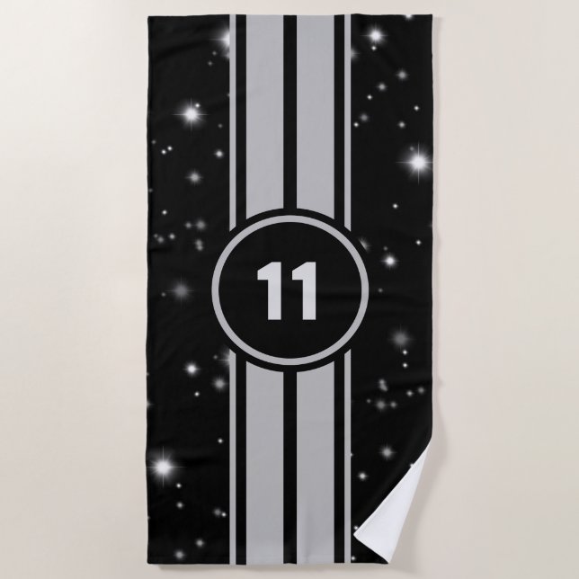 Black and Silver Racing Stripes Starlight Beach Towel (Front)