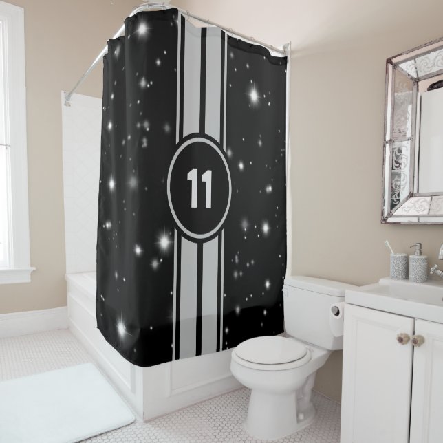 Black and Silver Racing Stripes Starlight Shower Curtain (In Situ)