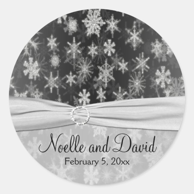 Black and Silver Snowflakes Wedding Sticker (Front)