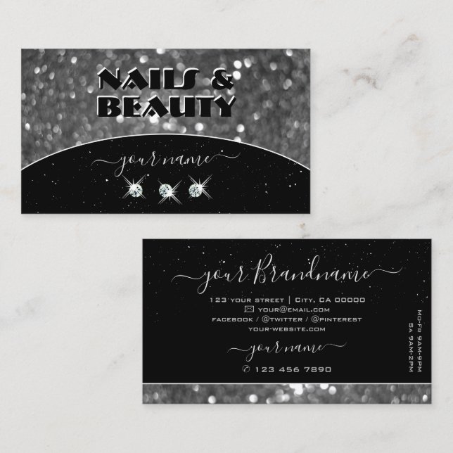 Black and Silver Sparkle Glitter Diamonds Stylish Business Card (Front/Back)