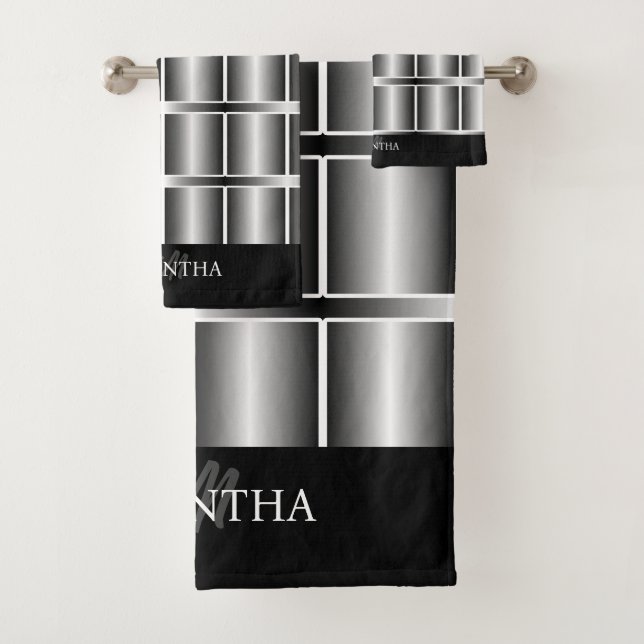Black And Silver Squares And Stripes Pattern Bath Towel Set (Insitu)