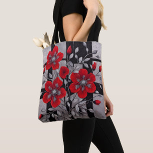 Black and Silver Squares with Red Flowers Tote Bag