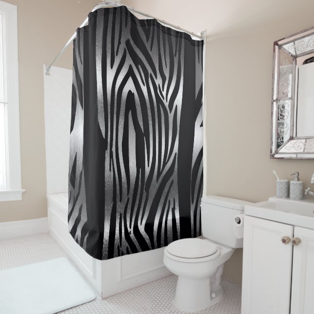  Black and Silver Stripes Shower Curtain Set (In Situ)