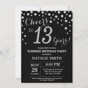 Black and Silver Surprise 13th Birthday Diamond Invitation