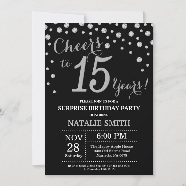 Black and Silver Surprise 15th Birthday Diamond Invitation (Front)
