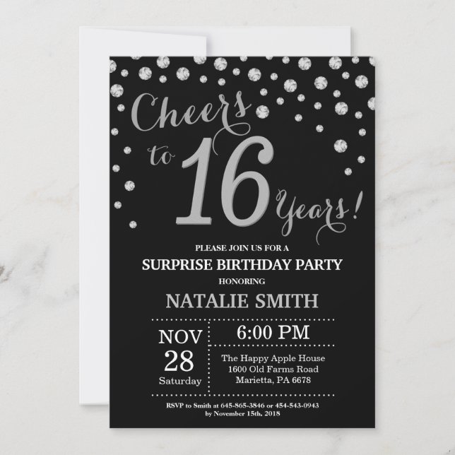 Black and Silver Surprise 16th Birthday Diamond Invitation (Front)