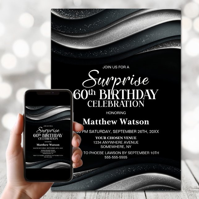 Black and Silver Surprise 60th Birthday Party Invitation (Creator Uploaded)