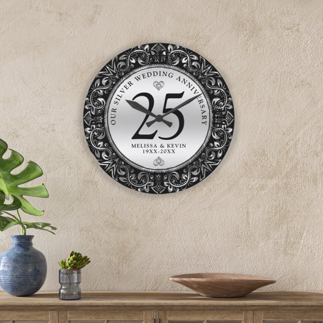Black And Silver Swirls Circle Frame 25th Wedding Large Clock (Creator Uploaded)