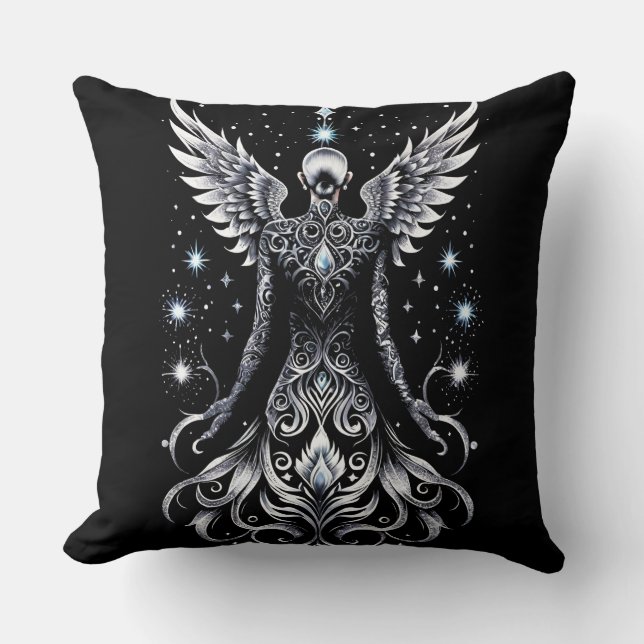 Black And Silver Tattoo Angel Cushion (Front)