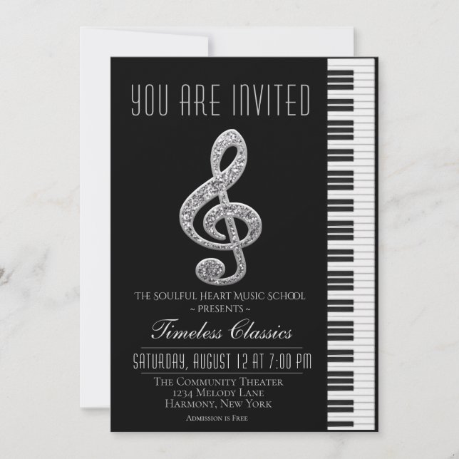 Black and Silver Treble Cleft Recital Invitation (Front)