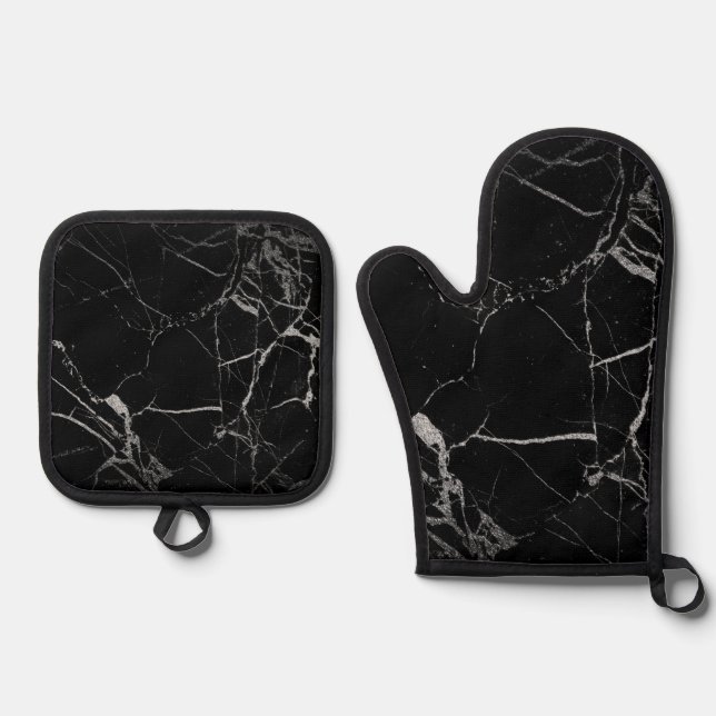 Black and Silver Vein Marble Oven Mitt & Pot Holder Set (Front)