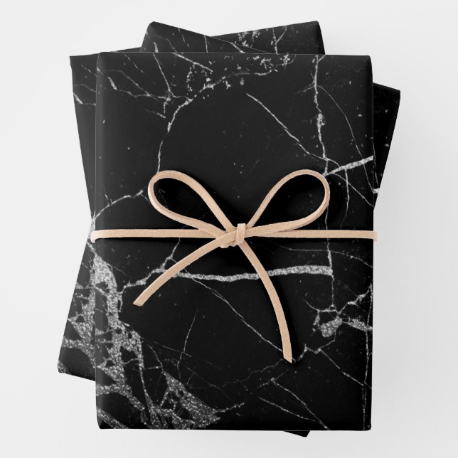 Black and Silver Vein Marble Wrapping Paper Sheet (In situ)