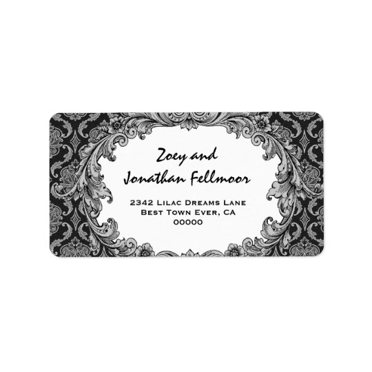 Black and Silver Vintage Curlicue Damask S465 Address Label