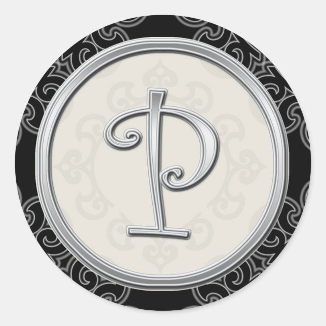 Black And Silver Wedding Monogram P Classic Round Sticker (Front)