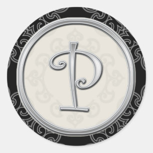 Black And Silver Wedding Monogram P Classic Round Sticker