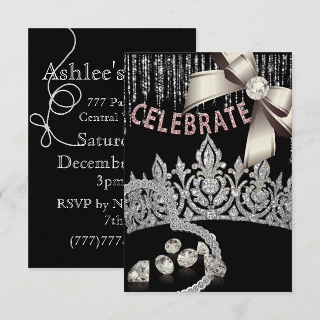 Black and Silver with crown diamonds pink party Invitation (Front/Back)