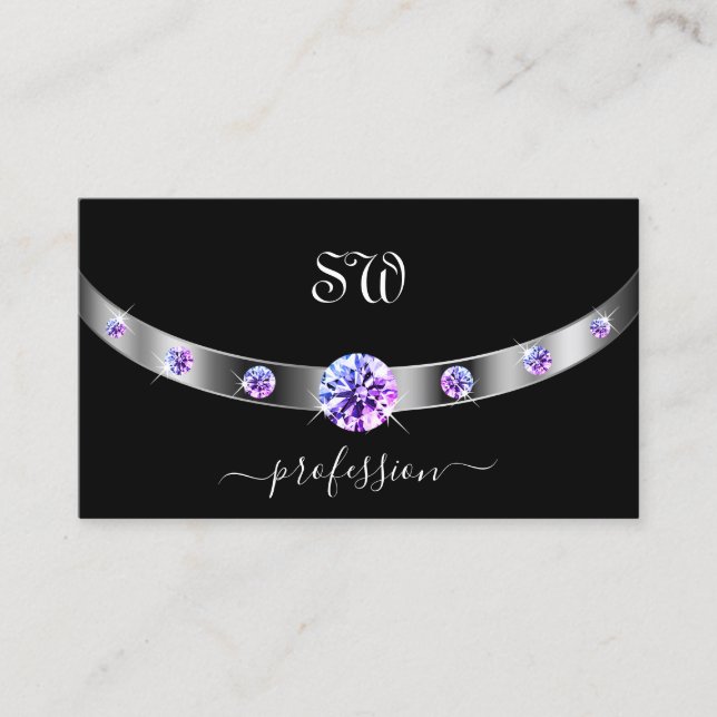 Black and Silver with Purple Diamonds Monogrammed  Business Card (Front)