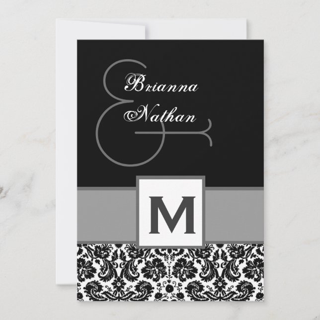 Black and Silvery Grey Monogram Damask Template (Front)
