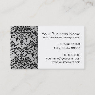 Black and Silvery White Floral Damask Pattern Business Card