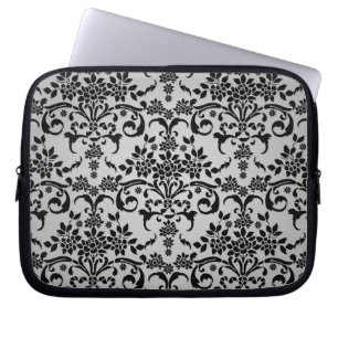 Black and Silvery White Floral Damask Pattern Laptop Sleeve