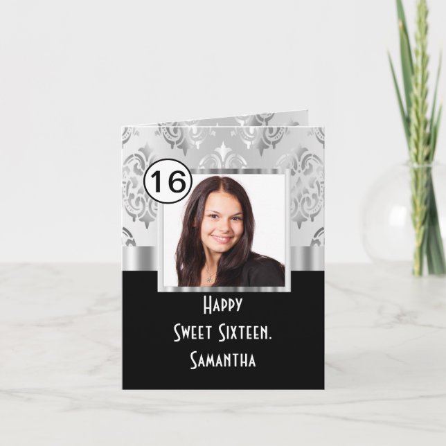 Black and siver damask sweet sixteen card (Front)