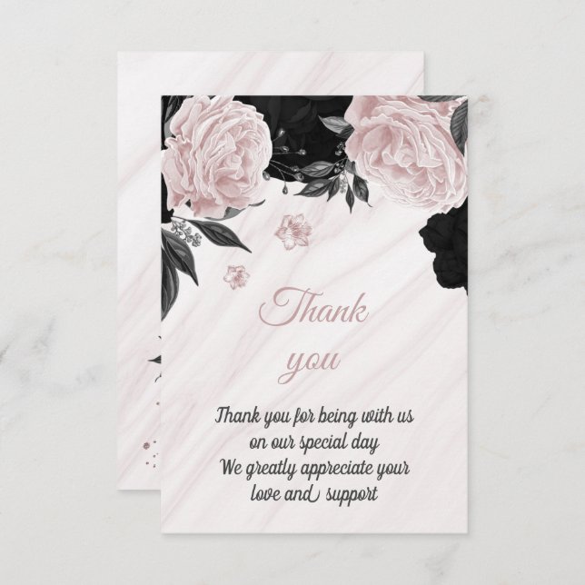 black and soft pink botanical marble thank you card (Front/Back)