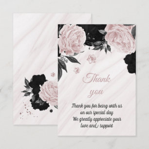 black and soft pink botanical marble thank you card