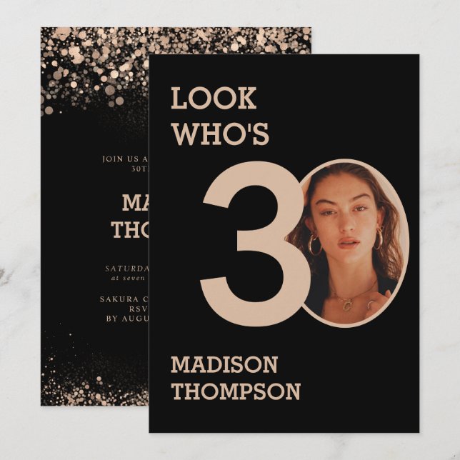 Black and Sparkle Gold Glitters 30th Birthday Invitation (Front/Back)