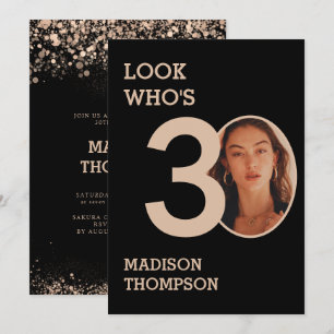 Black and Sparkle Gold Glitters 30th Birthday Invitation