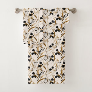 Black and Tan Abstract Leaf Design Bath Towel Set