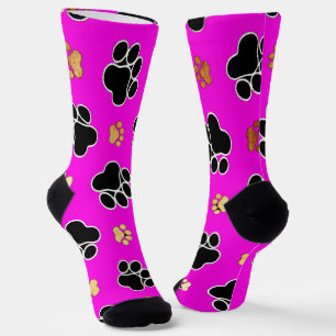 Black and tan canine dog paw print pink socks