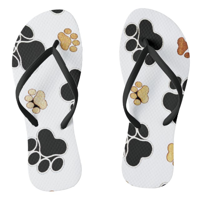 Black and tan canine dog paw print white flip flops (Footbed)